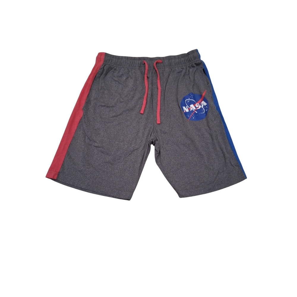 NASA Mens Gray Heather Athletic‎ Shorts Red Blue Stripe Drawstring Size Medium